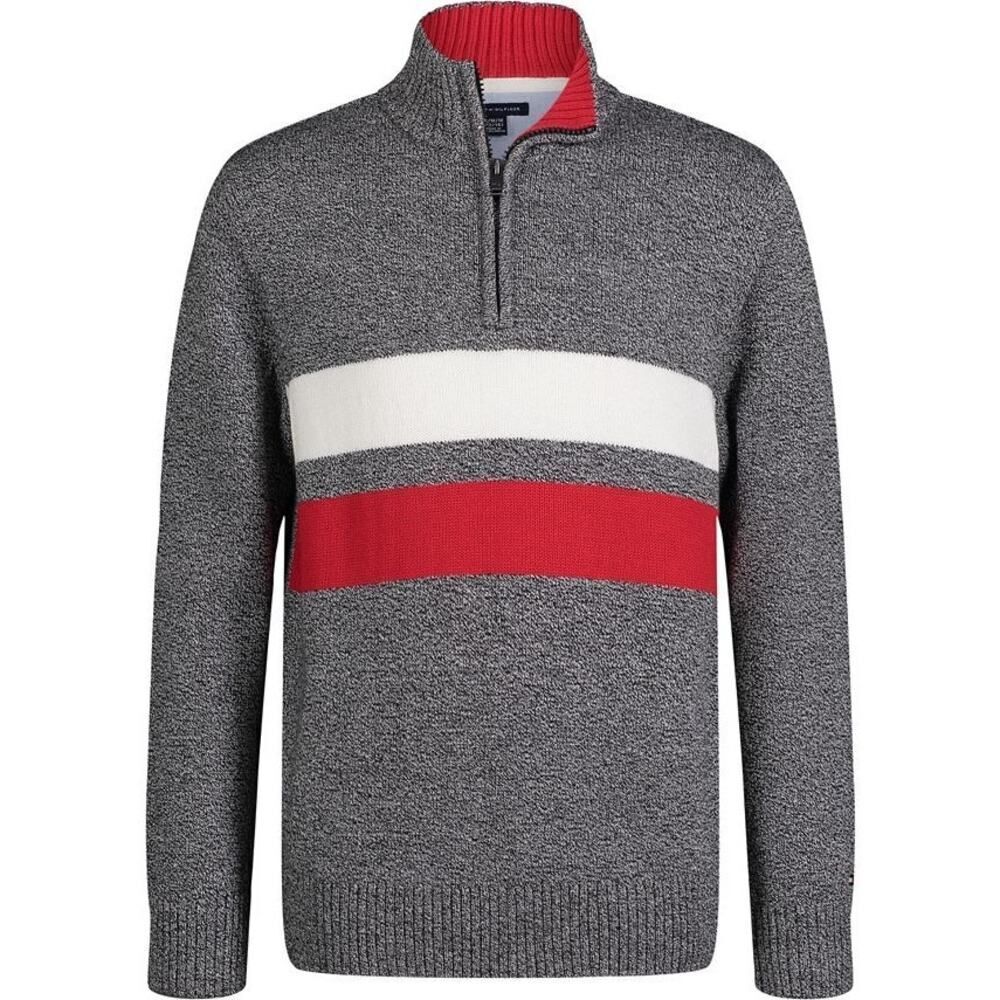 Tommy Hilfiger Boys Black Marbled Sweater‎ with Red and White Stripes Size L